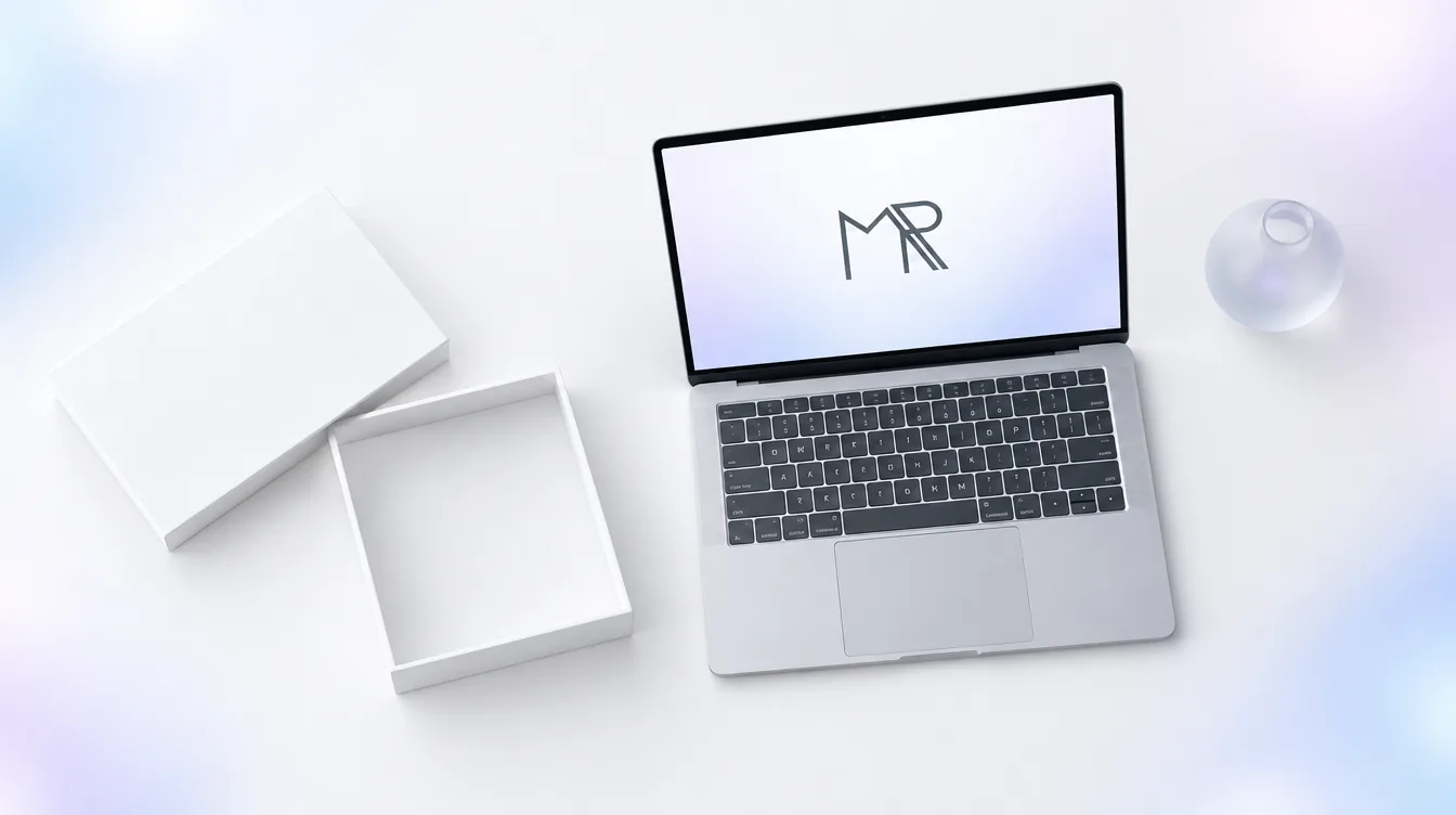 Neuer Laptop mit Medienreife-Logo, frisch ausgepackt