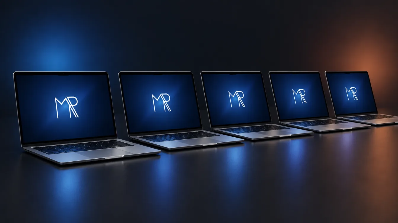 Laptop-Flotte mit Medienreife-Logo auf den Bildschirmen